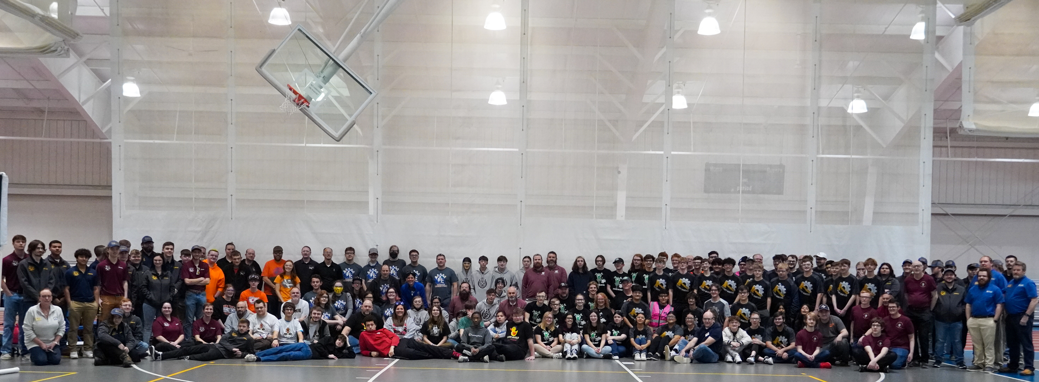 A group photo of Robotics Scrimmage participants including high school students, high school coaches, VU students, VU faculty and VU staff.